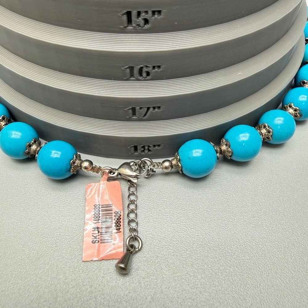 Robin Egg Blue Round‎ Graduated Dyed Stone Bead Necklace 18" Silver Tone Spacers - Picture 7 of 9